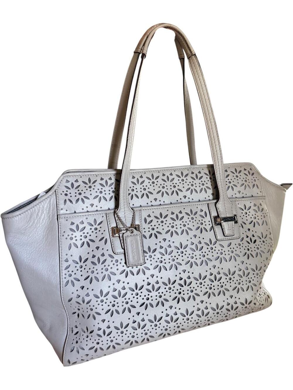 Coach Taylor Eyelet Carryall Tote Bag Light Gray Leather Floral Perforated - Picture 1 of 14
